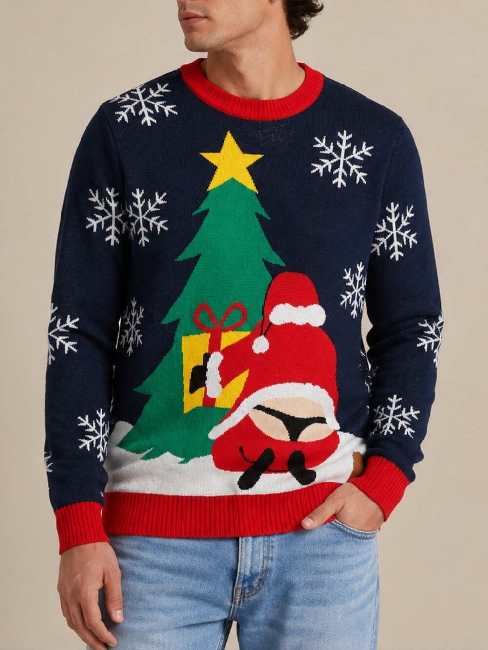 Tipsy Elves Whale Tail Ugly Christmas Sweater Navy Blue Mens Medium Santa Thong